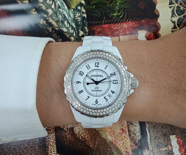 台中二手流當拍賣 原裝 CHANEL 香奈兒 J12 38mm 陶瓷 雙鑽圈 自動 女錶 9成5新 特價出清 KR012