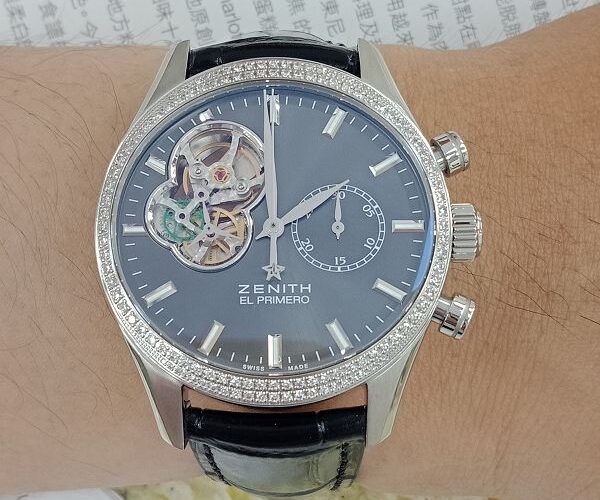 台中流當品拍賣 原裝 ZENITH 先力 El Primero 鑽圈 自動 男錶 9成5新 附盒 特價出清 KR034